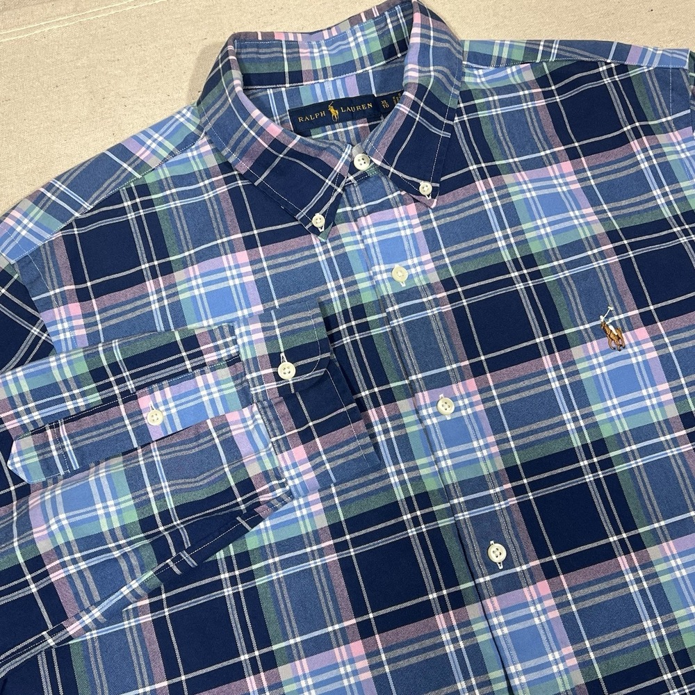 Ralph‎ Lauren Mens XL Blue Pink Green Plaid Oxford Button Up Flesh Pony OCBD